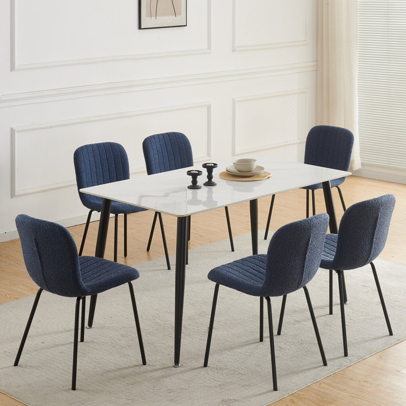 Linen Fabric Dining Chairs Upholstered Chairs, Set Of 6, Blue