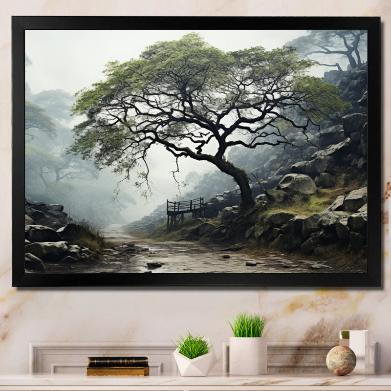 Arbre vert, élégance monochrome sur toile, H 34 po x l 44 po x P 1,5 po, Cadre photo noir