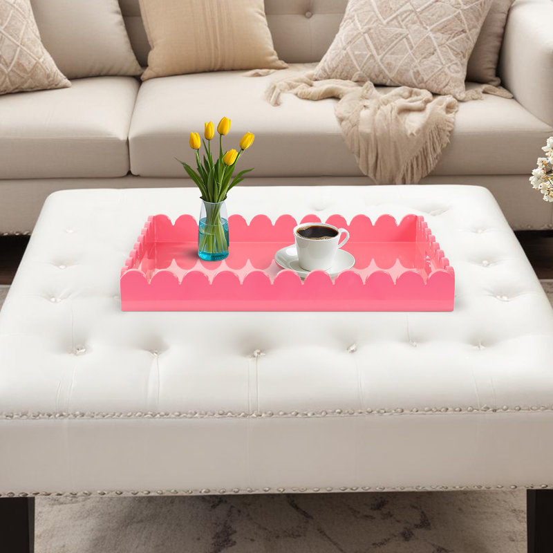 Hindley Hand-Crafted Rectangular Scalloped Wood Tray, Pink