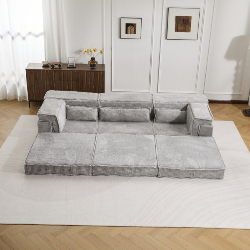 Compression Mahjong Sofa,Convertible Floor Sofa Bed,DIY Boneless Modular Sectional Sofa,No Assembly Required,Circle Fleece Fabric,Oversized 3 Seater With 3 Pillows,Light-Grey