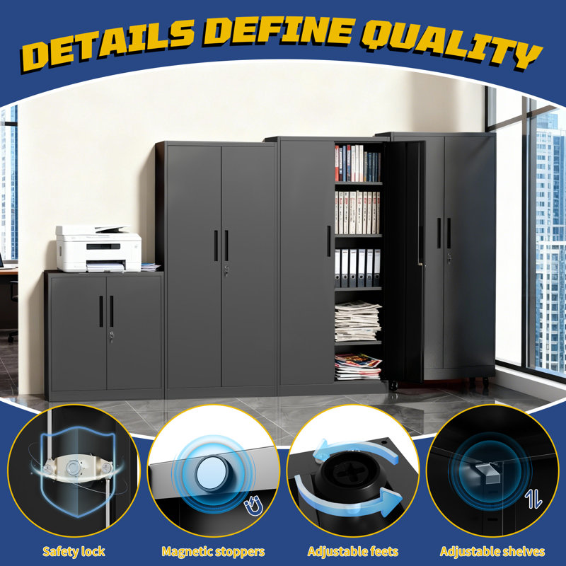 72" Heavy-Duty Metal Storage Cabinet with Lock - Black Garage Shelving Unit, 72"H x 35.4"W x 17.7"D, No