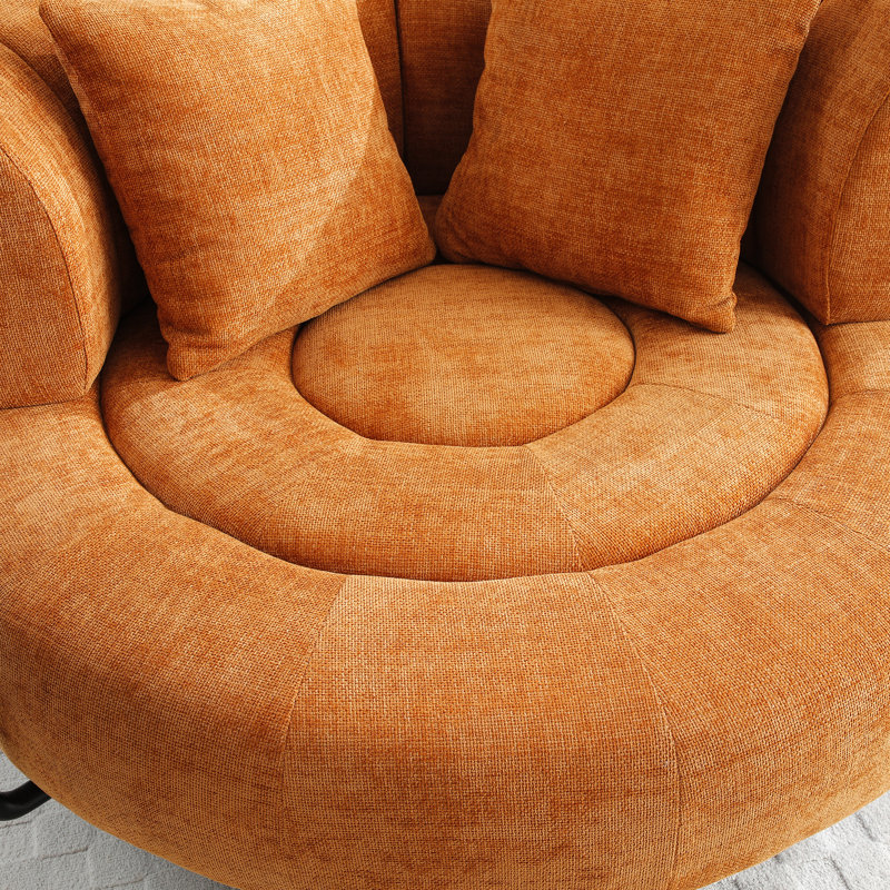 Très grande chaise ronde orange, charge de 450 livres, moelleux mi-ferme, rembourrage en fibre avec et petite table en métal, dossier rembourré, matériau chenille
