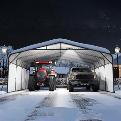 20x20 FT Metal Carport with LED Light, Removable PE Sidewalls, Reinforced Base, and Galvanized Steel Roof – Outdoor Portable Car Garage and Canopy Shelter for Boats, SUVs, and Full-Sized Pickup Trucks