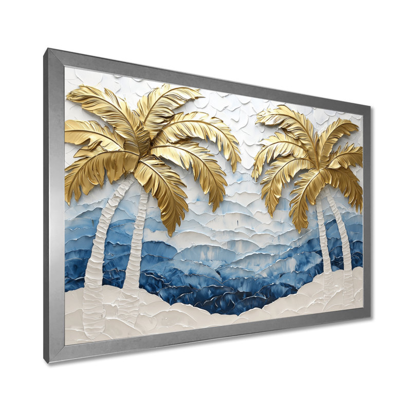 Art mural Cleao Golden Aqua Plams On The Beach I - Palmiers et palmiers, H 16 po x l 32 po, Picture Framed, Argent argent