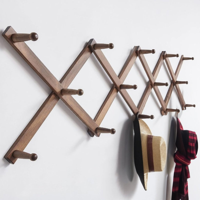 FixtureDisplays® Pine Wood Accordion Wallmount Hat Hanger, Expandable Purse Coat Backpack Rack with 14 Pegs 15745, Brown