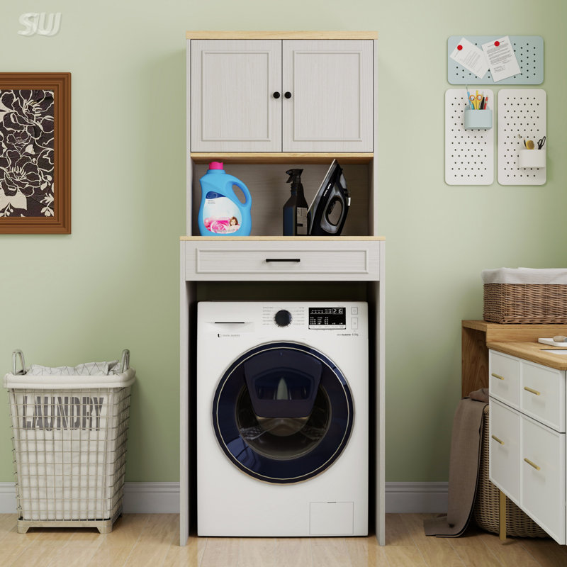 Over The Washer And Dryer Storage Cabinet With Adjustable Shelf And Fake Drawer Design, Ideal For Compact Laundry Rooms