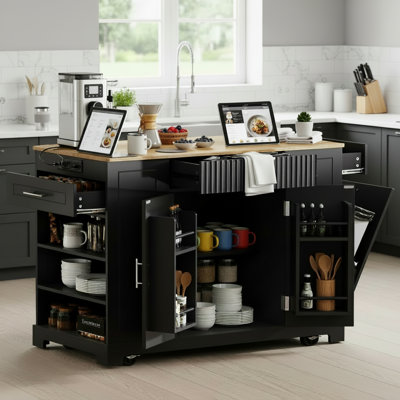 Black Recessed Kitchen Island With 5 Wheels For Easy Movement, Includes A Trash Can Cabinet, Power Outlet, Storage Rack, 3 Drawers, And 3 Side Shelves (Can Hold A 10-Gallon Bucket).