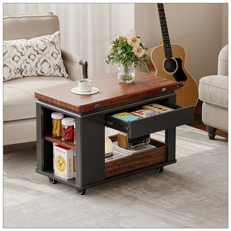 Table basse moderne et multifonctionnelle 27,6 pouces avec plateau pliable et roulettes, rangement à plusieurs niveaux, Noir