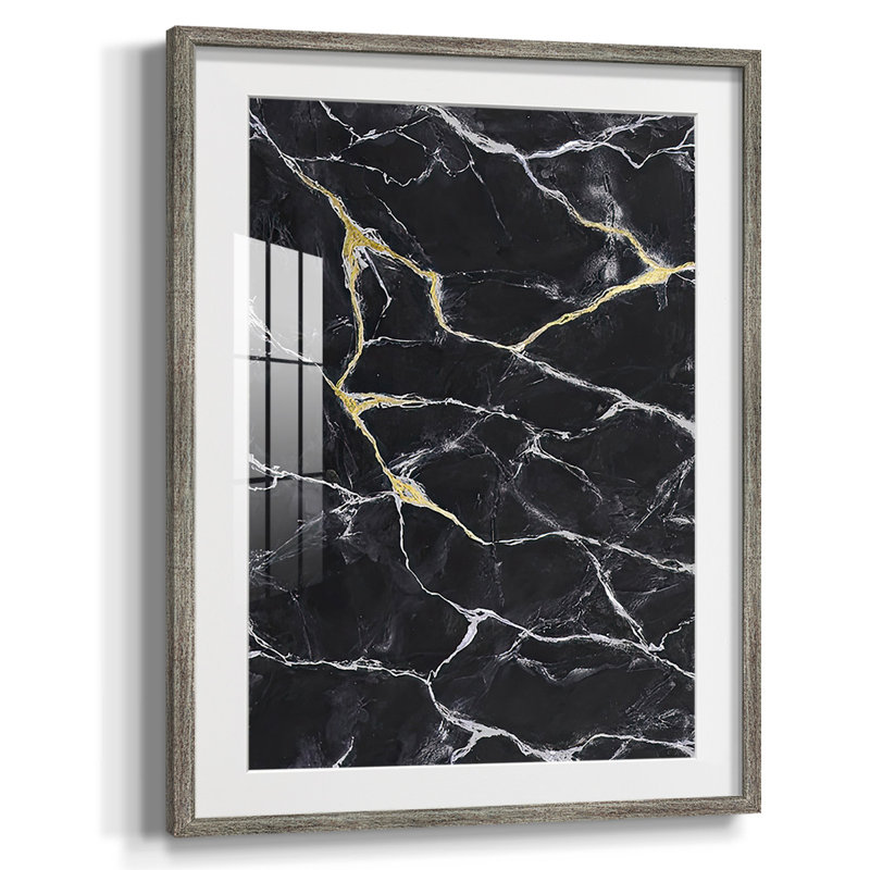 Marbre noir I, reproduction encadrée, Blanc, Papier encadré argent vieilli