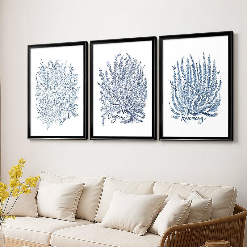 Summer Herb Garden Sketches I - Toile tendue avec châssis sur mesure - 3 pièces, H 27 po x l 39 po, Noir