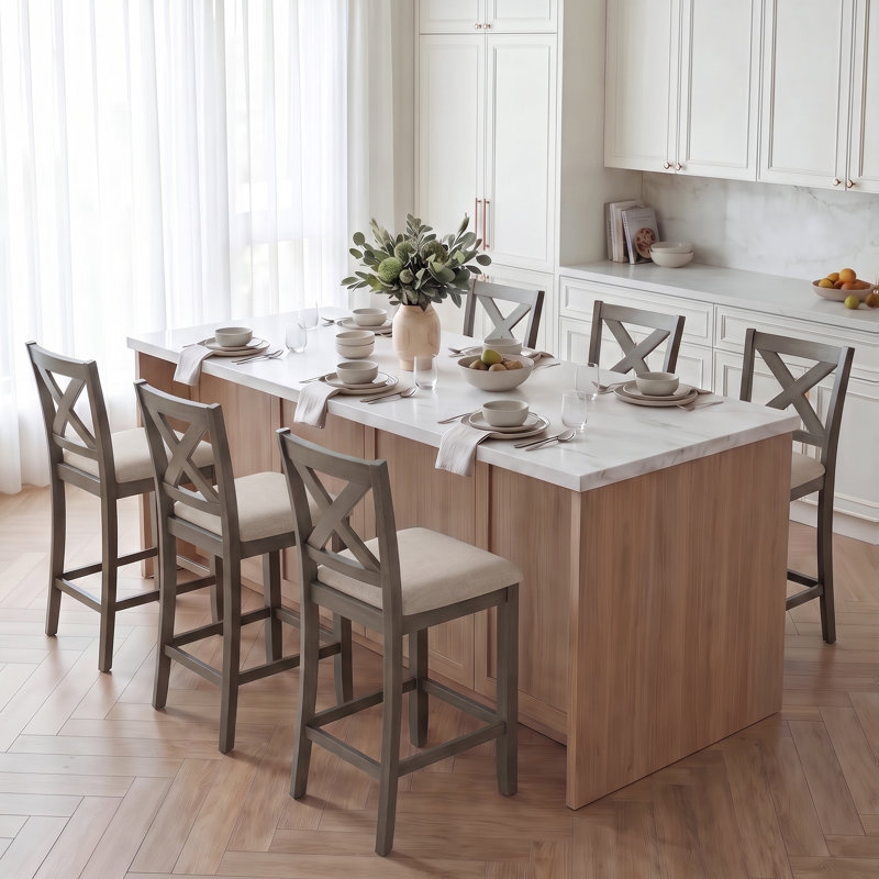 Tabouret de bar rembourré de 26 po en bois massif, Beige, Marron clair