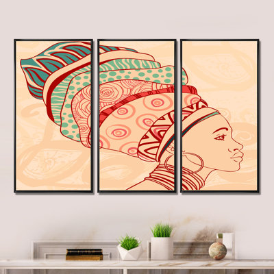 «African American Woman with Turban II», reproduction de cadre flottant sur toile 3 pièces