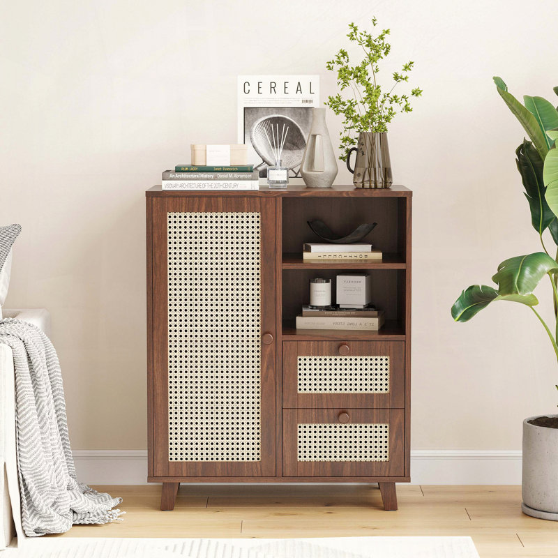 Rattan Buffet Cabinet with Drawers, Walnut