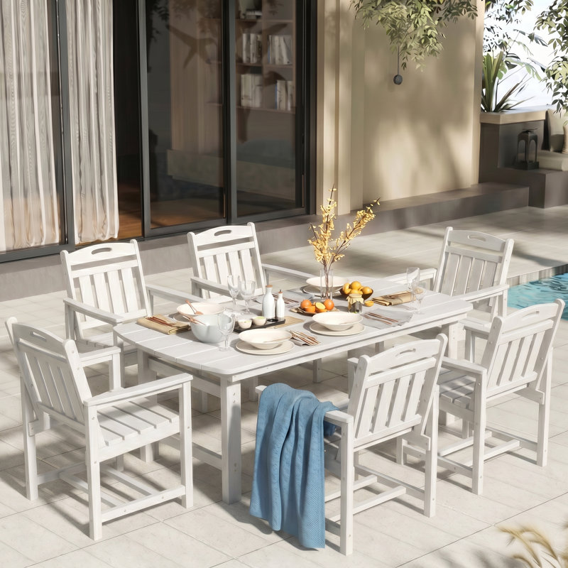7-Piece 6-Person Rectangular Long Patio Dining Set With Umbrella Hole, White