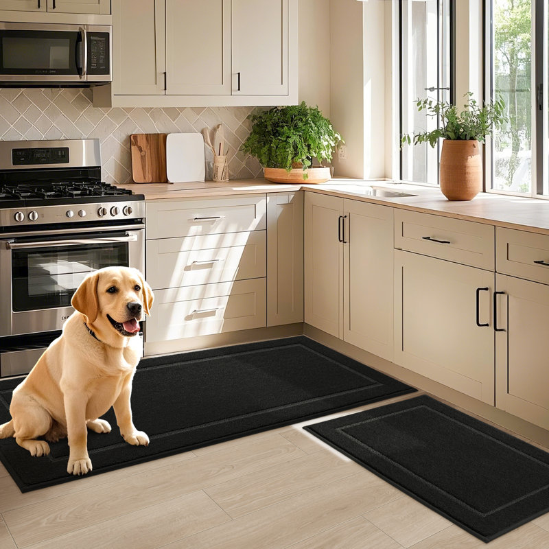 Non-Slip Kitchen Mats, Self-Adhesive Absorbent Floor Rug for Kitchen Bathroom Laundry Room, Machine Washable, Black
