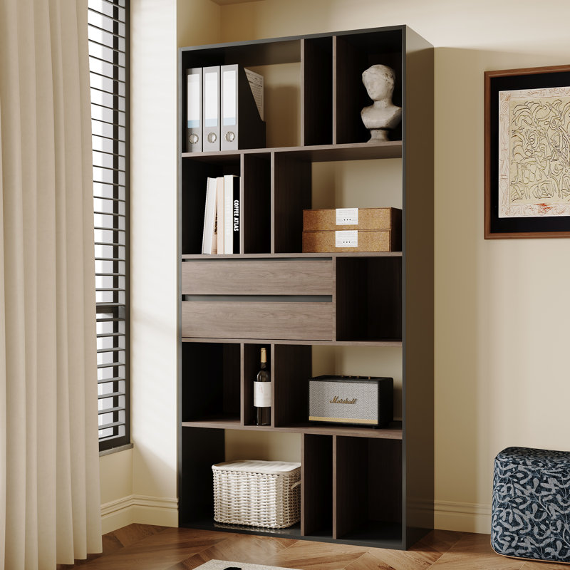 70.86'' H Tall Bookshelf and Bookcase Display Case With 2 Storage Drawes And Open Cabinet