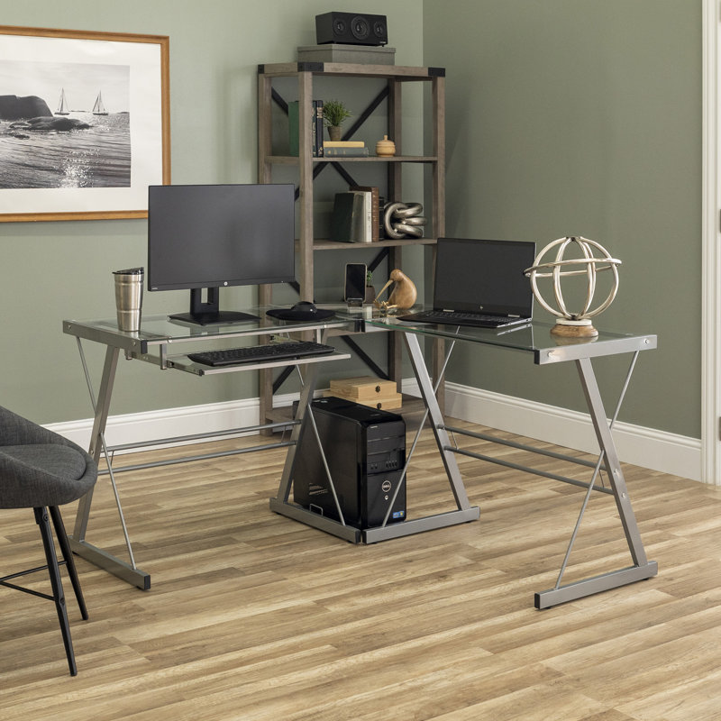 Wendell Modular L-Shaped Glass Steel Computer Desk, Silver / Clear Glass
