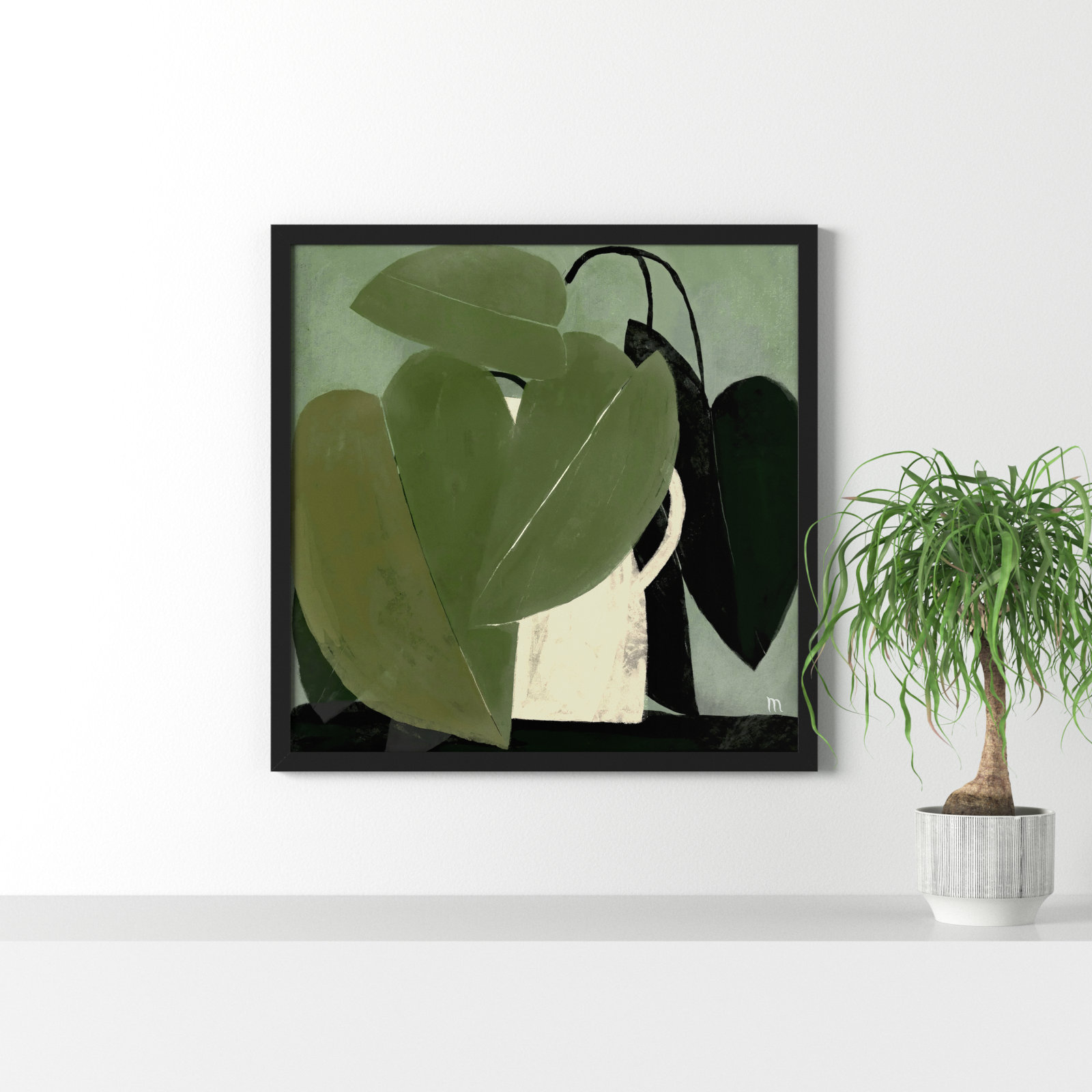 Plant "Green on Green" Painting, Black, 36" H x 36" W x 1.25" D
