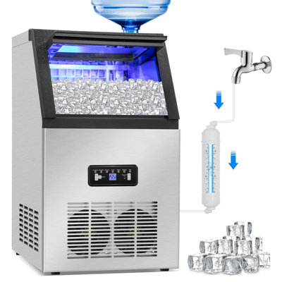 Machine à glaçons commerciale 100 lb / 24 h avec 2 modes d'entrée d'eau, 36 cubes de glace en 8 à 15 minutes, machine à glaçons en acier inoxydable sous le comptoir / autoportante avec bac de rangement de 24 lb pour la maison / le magasin / le bureau / le bar