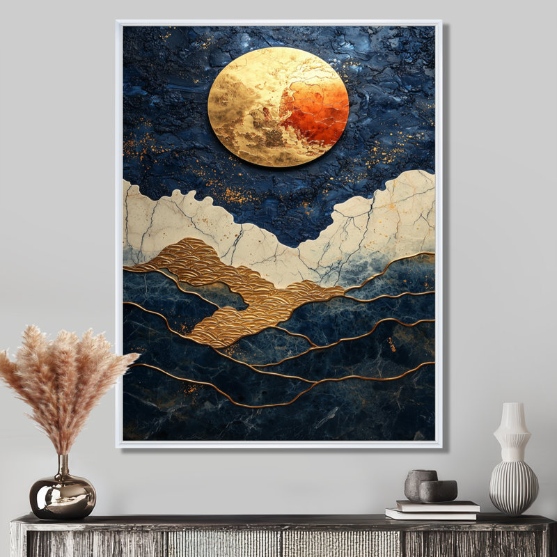 Lune dorée sur paysage côtier liquide I - lune, art mural, H 40 po x l 30 po, Impression encadrée sans passe-partout, Blanc