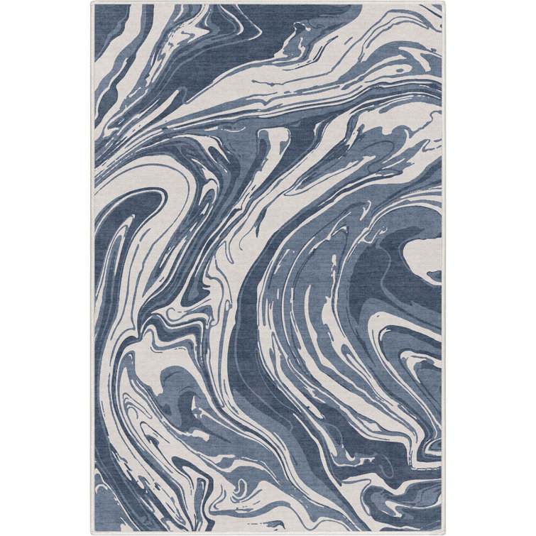  Abstract Harmony Modern Marble Blue Flat-Weave Area Rug