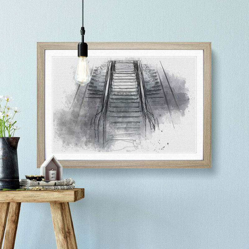 Escalator Heading up in Abstract - Picture Frame Graphic Art Print, 27cm H x 36cm W x 2cm D, Oak Framed