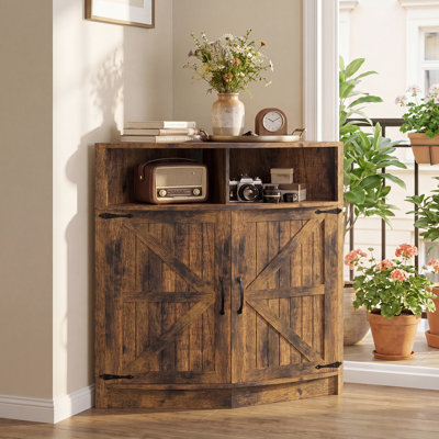 33" Tall Farmhouse Corner Cabinet with Barn Doors, Wooden Corner Storage Organizer with Open Display Shelf and Hidden Storage for Living Room, Kitchen, Bathroom, Rustic Brown