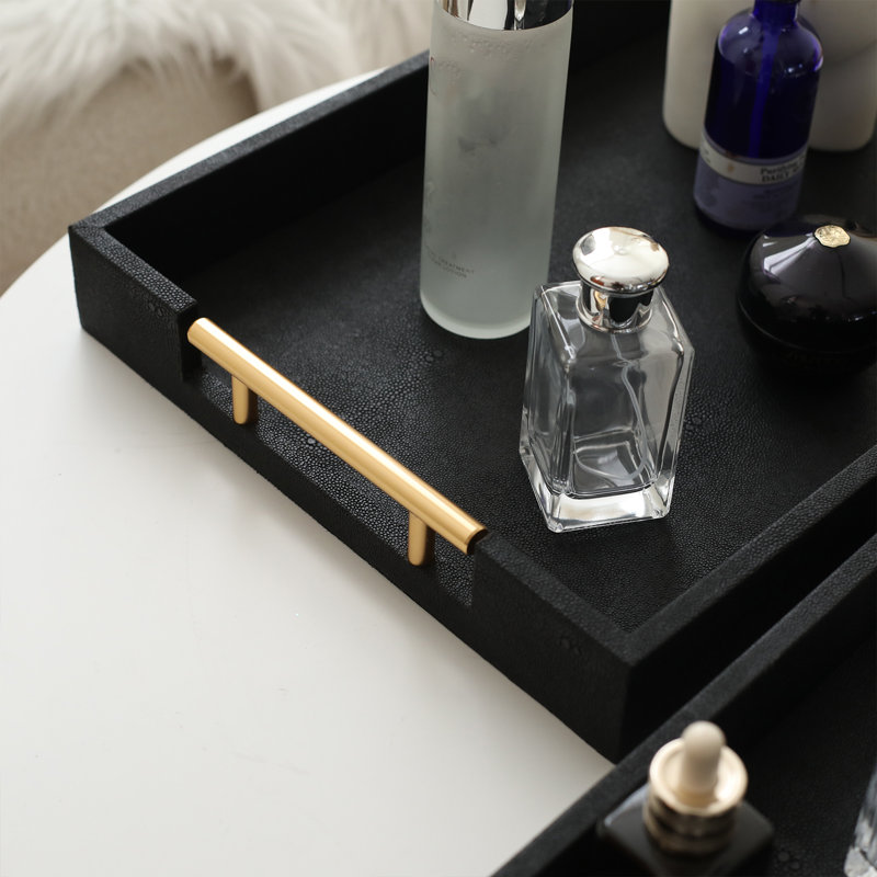 Set Of 2 Shagreen Serving Tray With Polished Metal Handles Wood Decorative Tray PU Leather With Brushed For Coffee Table Ottoman Console Table