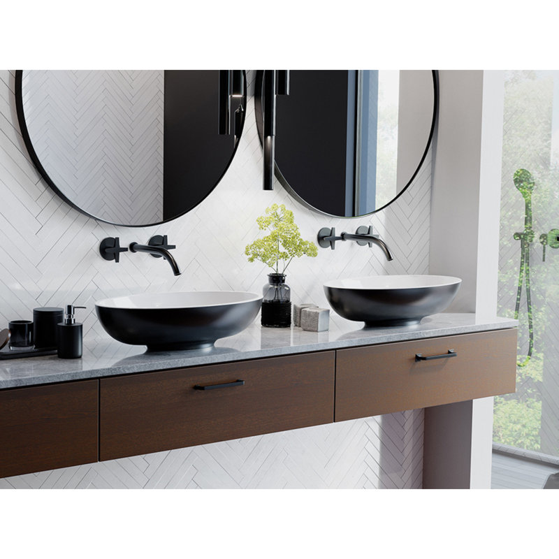 Lavabo vasque de salle de bain ovale 20 po Puccini - blanc mat et noir mat, marbre coulé, résistant aux rayons UV, aux taches et aux éclats