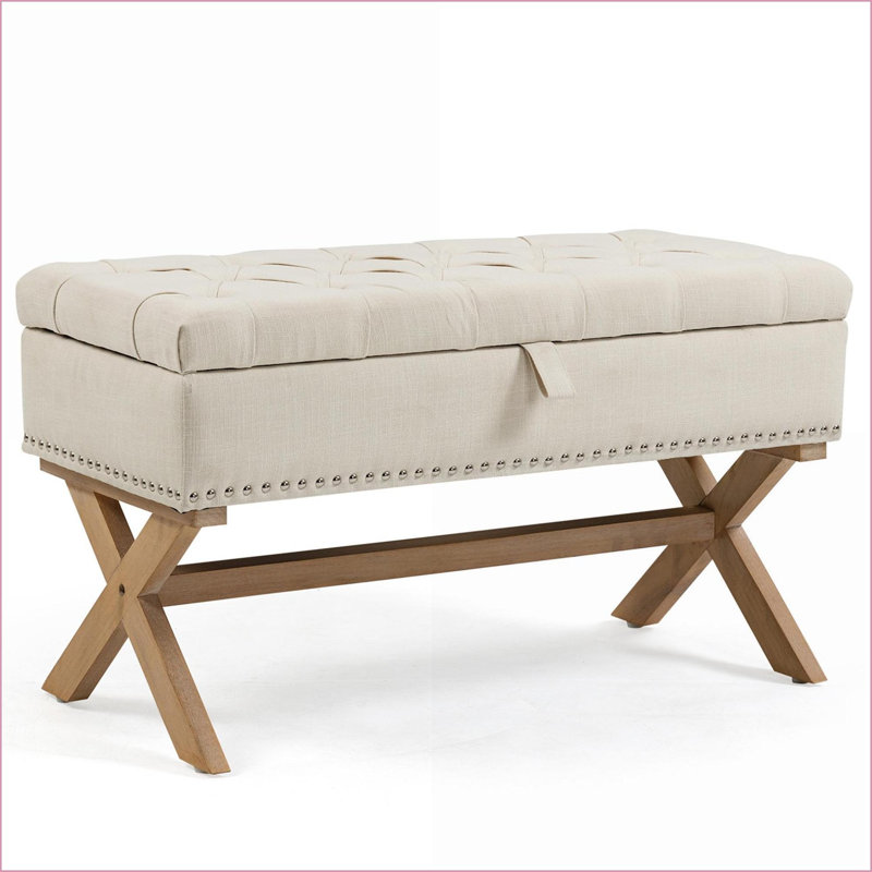 Repose-pieds avec rangement, banc en lin capitonné à boutons de 35 pouces, moderne pour le salon / la chambre à coucher | Noyer brun | Bois massif