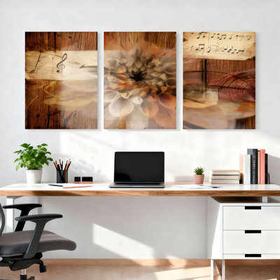 Ensemble de 3 tableaux muraux sur toile tendue sur bois, ornés de motifs floraux et de notes de musique