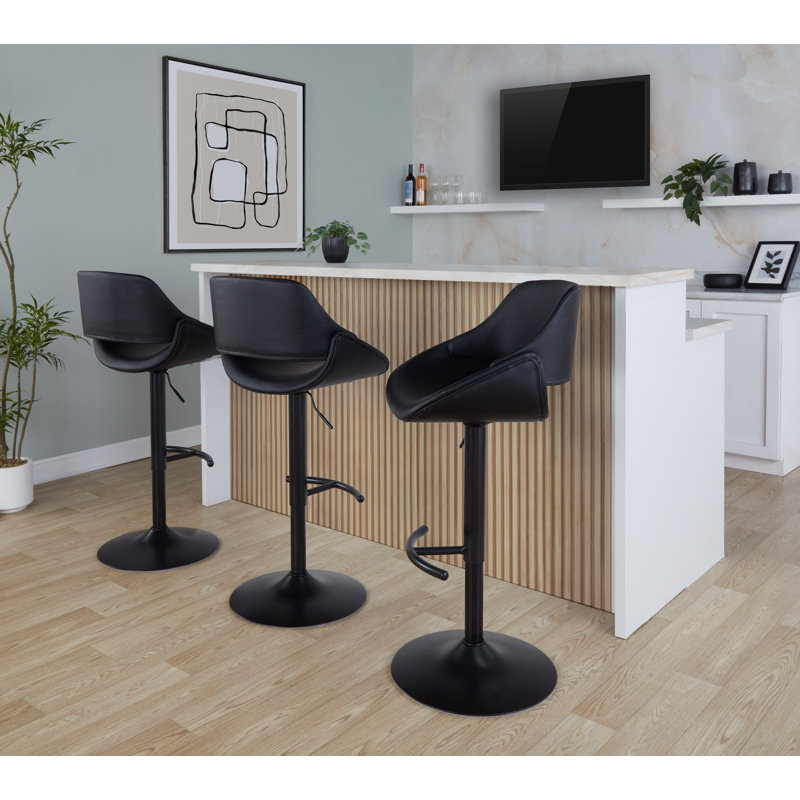 Najrin Adjustable Faux Leather Bar Stool with Rounded T Footrest (Set of 2), Black, Black