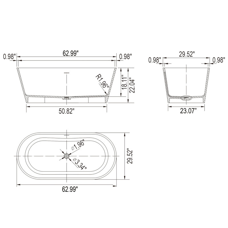 Baignoire autoportante en résine de 63 po x 29,5 po