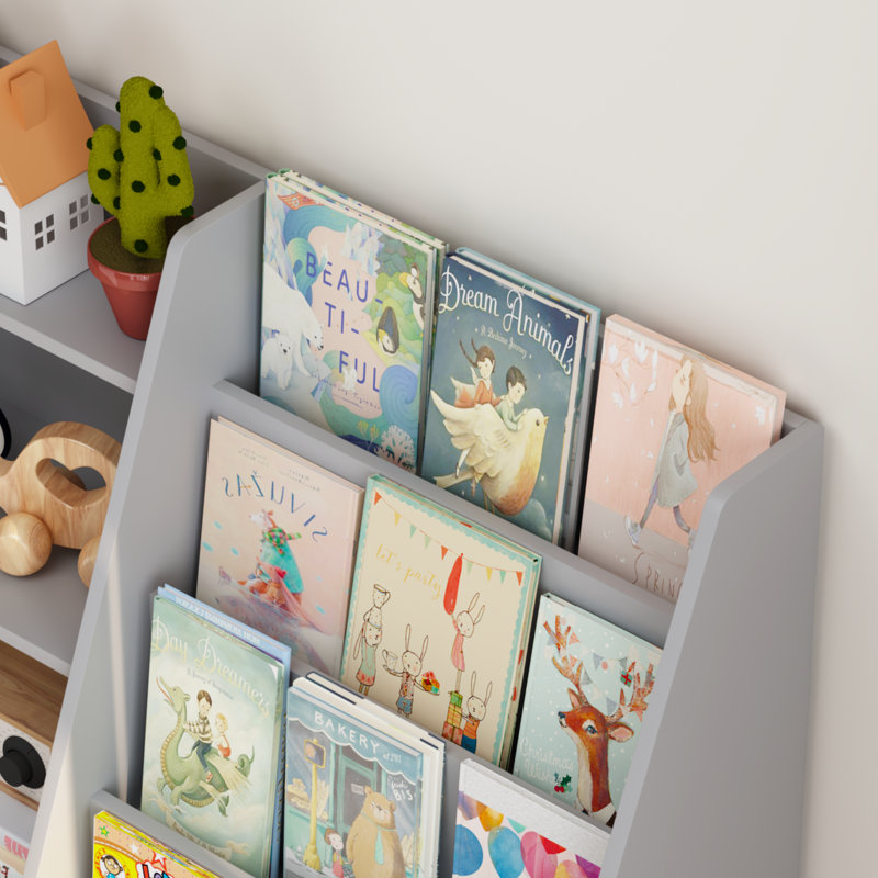 Bibliothèque pour enfants en bois à 4 niveaux avec bac de rangement pour jouets, tablette multifonctionnelle pour chambre de bébé, salle de jeux ou chambre à coucher, gris