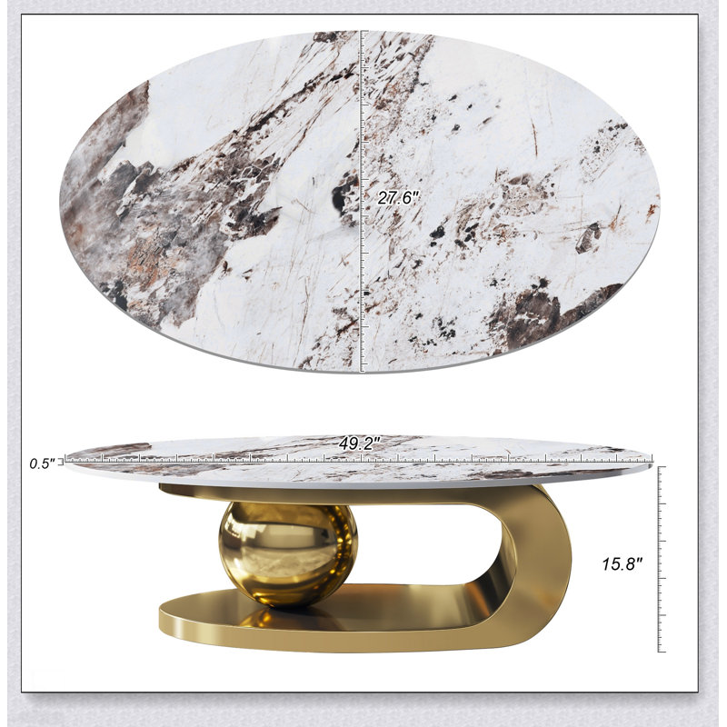 Table basse 51 pouces ovale en faux marbre pour salon avec base en acier inoxydable durable