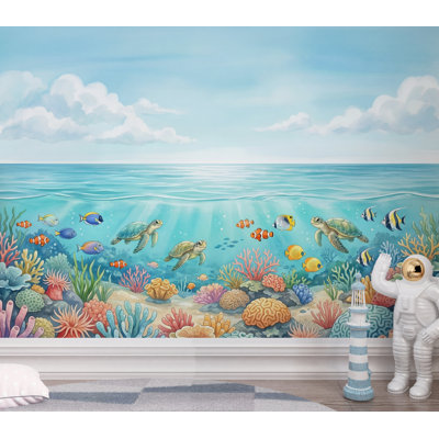 Ocean Coral Reef Wallpaper Mural | Tropical Sea Turtle Wall Mural | Coastal Nursery Wallpaper | Underwater Ocean Decor 447DRE