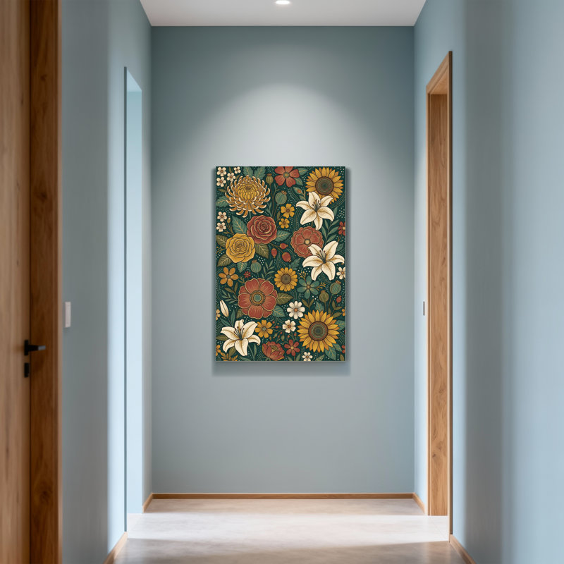 Motif floral de plantes et de fleurs aux couleurs vives et aux fleurs variées, H 48 po x l 32 po