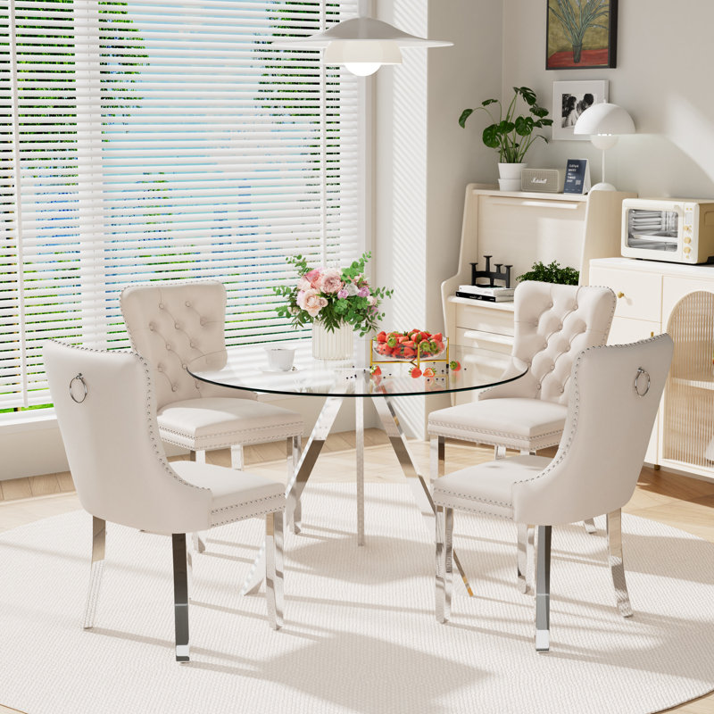 Round Dining Table Set for 4, Beige, 30" H x 39" W x 39" D