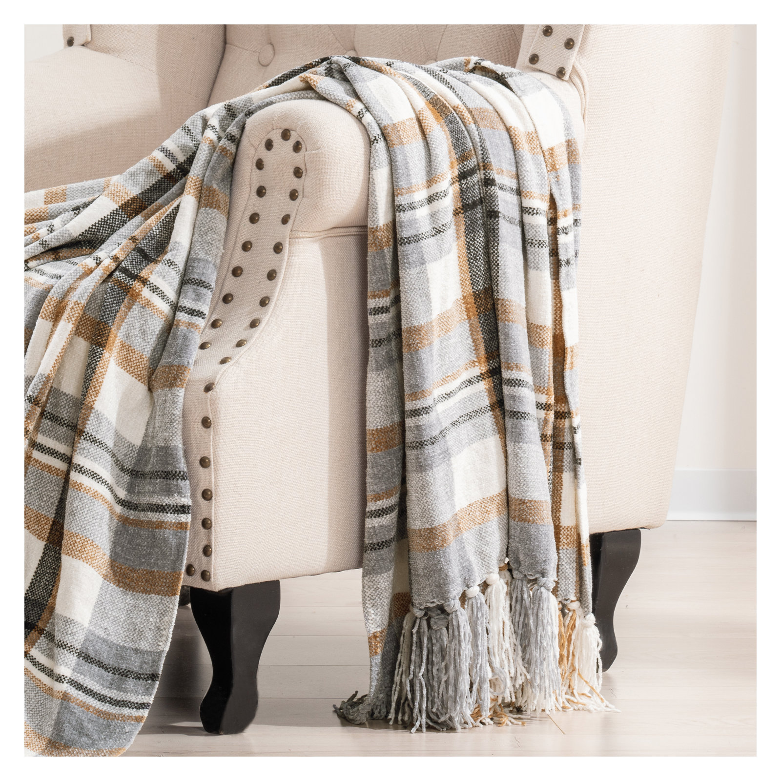 Soft Chenille Throw Blanket, 60" L x 50" W, Gray/Warm Beige Plaid