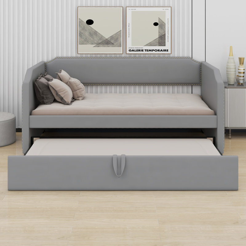 Upholstered Daybed With Pop Up Trundle, Gray