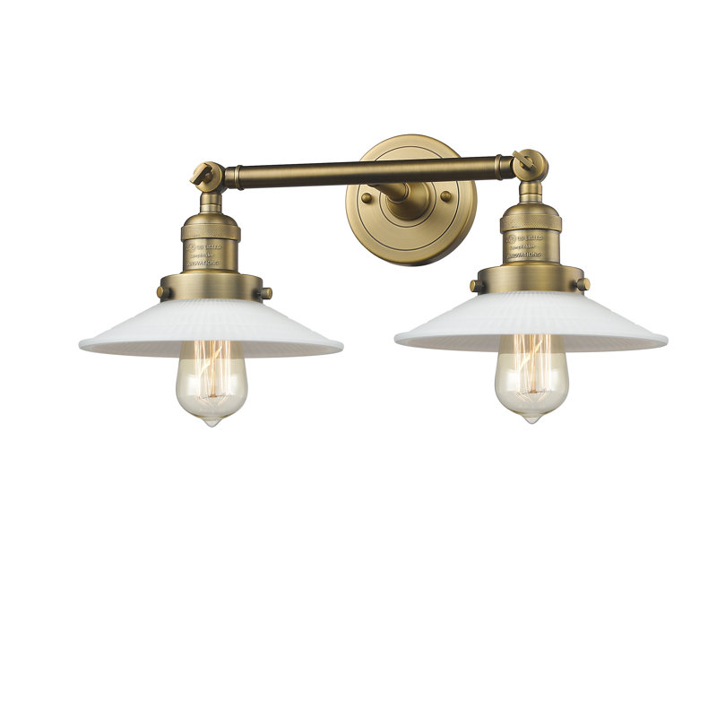 Miramontes Armed Sconce, Brushed Brass, Matte White Halophane, 6 Watt Vinage LED Bulb