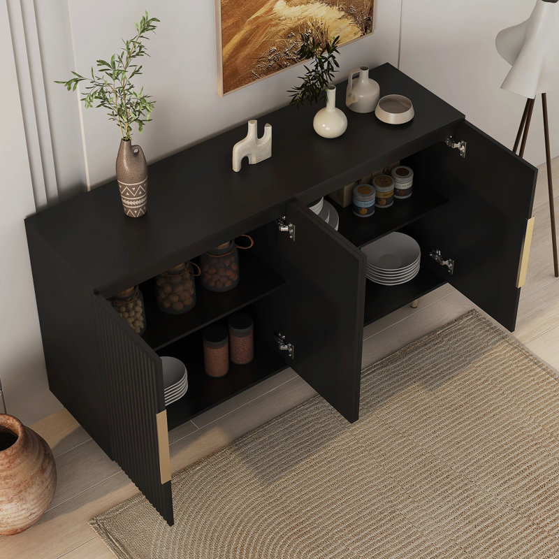 Buffet d'appoint cannelé avec tablettes réglables, Noir