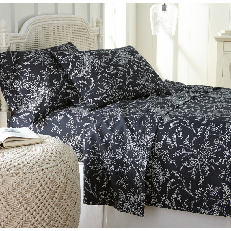 Ensemble de draps en microfibre Winter Brush, Très grand californien, Noir / Fleurs blanches