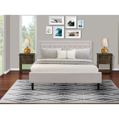 Ensemble de lit plateforme très grand 3 pièces avec 1 lit à oreilles et 2 petites tables de bout - Fabrication fiable et durable - Tissu en lin beige brume