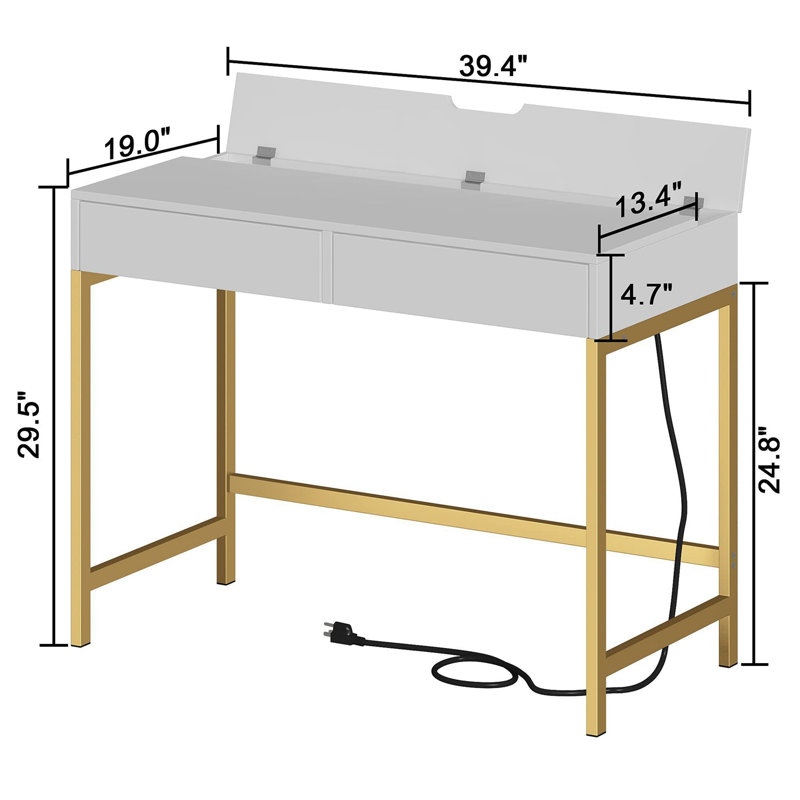 Bureau de charge 40 po avec 2 prises et 2 ports USB - Bureau d'ordinateur / meuble-lavabo à 2 tiroirs pour bureau ou chambre à coucher