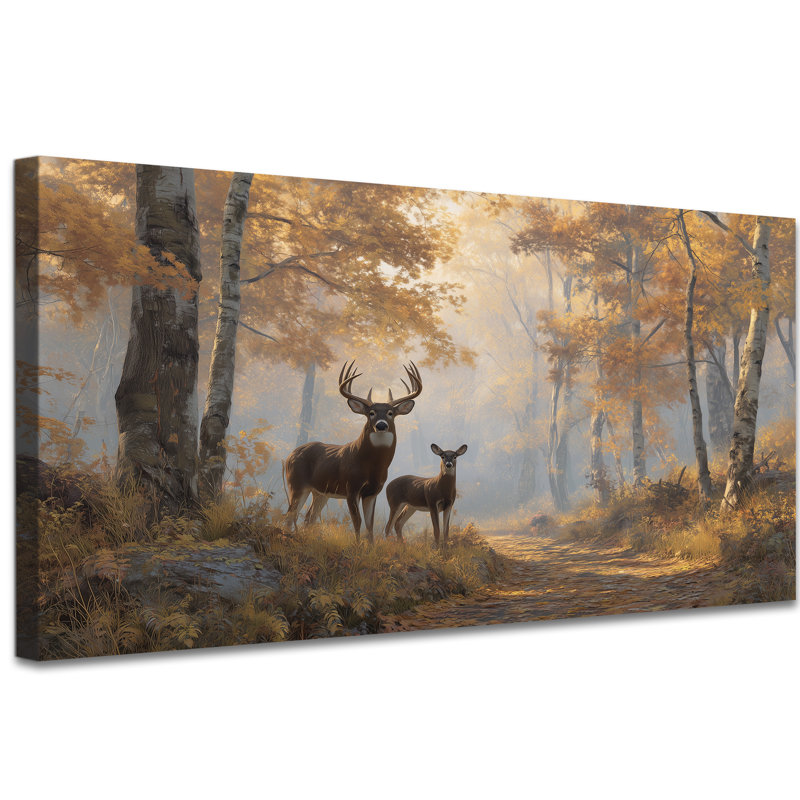 Nature Dreketi - Décoration murale d'automne sur toile pour la maison, peinture de scène de cerf paisible pour chambre à coucher et salon, œuvre d'art encadrée en pin, 12 po x 24 po