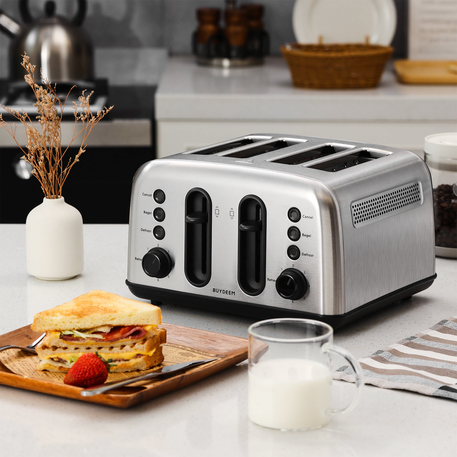 Buydeem Dt440 4 Slice Stainless Steel Toaster, With Extra Wide Slots