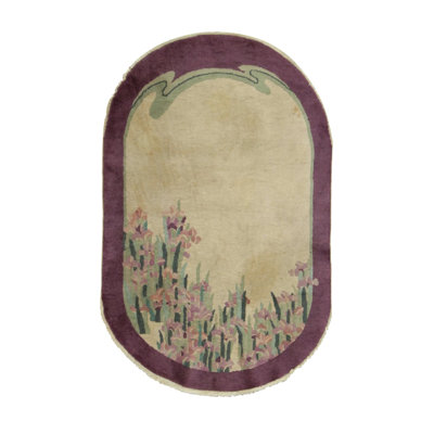 Antique Chinese Art Deco Oval Rug With Rising Irises And Lilac Border