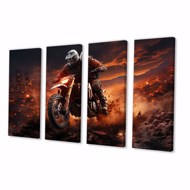 Orange et noir Dirt Bike Rider I - Moto, art mural 4 pièces, H 28 po x l 48 po