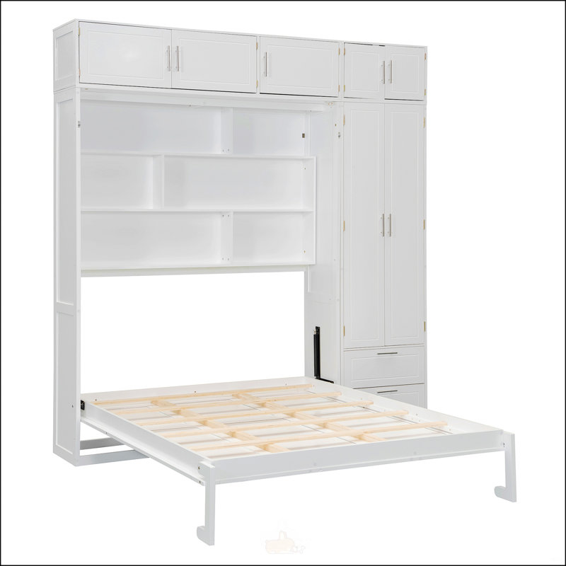 Grand lit escamotable mural avec armoire supérieure, tablettes et garde-robe pour une efficacité et un rangement optimaux, blanc